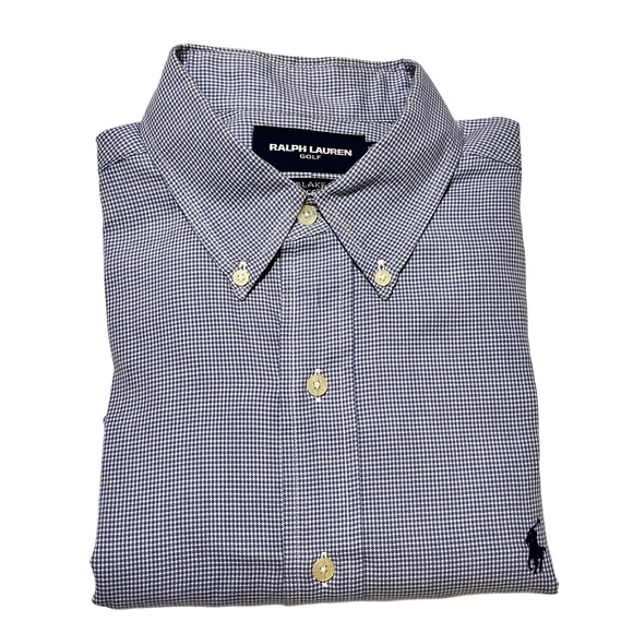 Ralph Lauren Golf Blue and White Houndstooth Plaid Long Sleeve Button Down - Picture 2 of 7